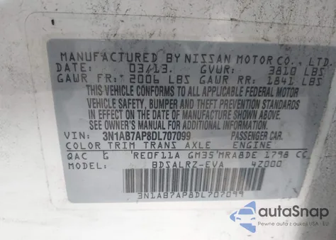 2013 Nissan Sentra Sr z USA, uszkodzony, nr VIN 3N1AB7AP8DL707099